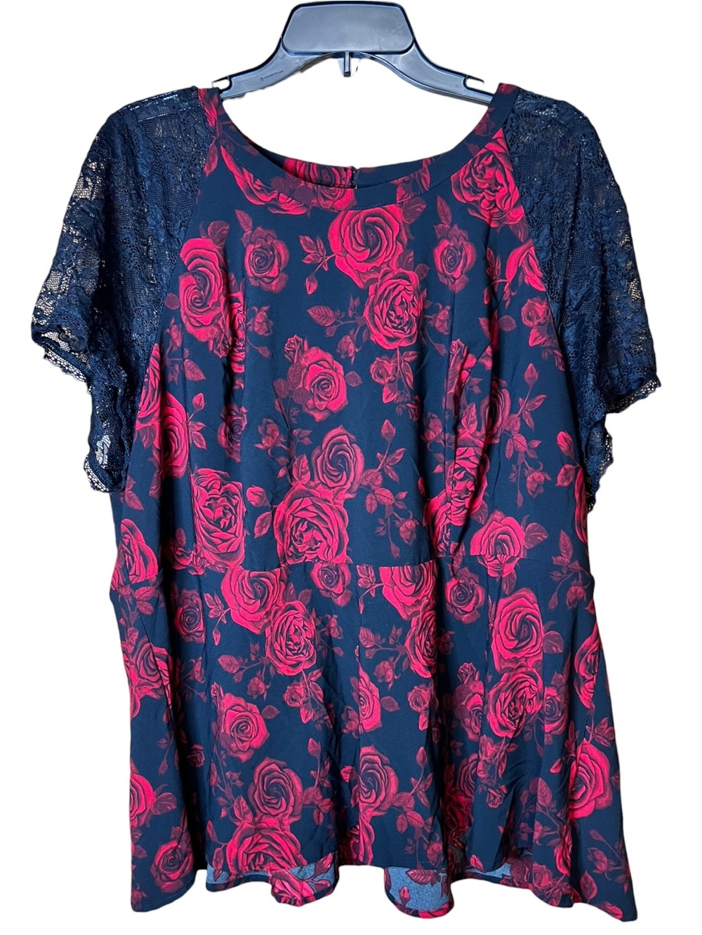 Torrid Black with Red Roses Peplum Crepe Lace Short Sleeve Top